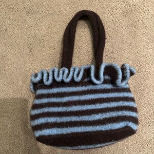 NWT Handmade Brown and Blue Striped Wool Knitted Felted Purse